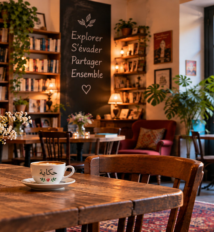 Deux livres, l'un en français et l'autre en arabe, avec une tasse portant le mot حكاية